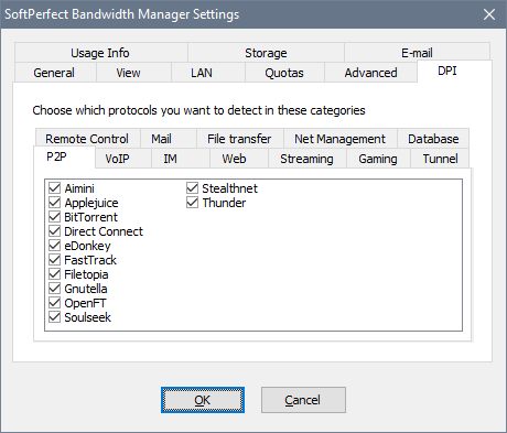 SoftPerfect Bandwidth Manager Settings - P2P and DPI tab