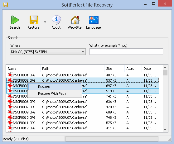 Screenshot for SoftPerfect File Recovery 1.2