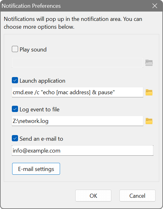 Notifications preferences window