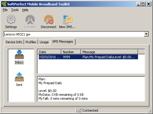 SoftPerfect Mobile Broadband Toolkit, Messages tab