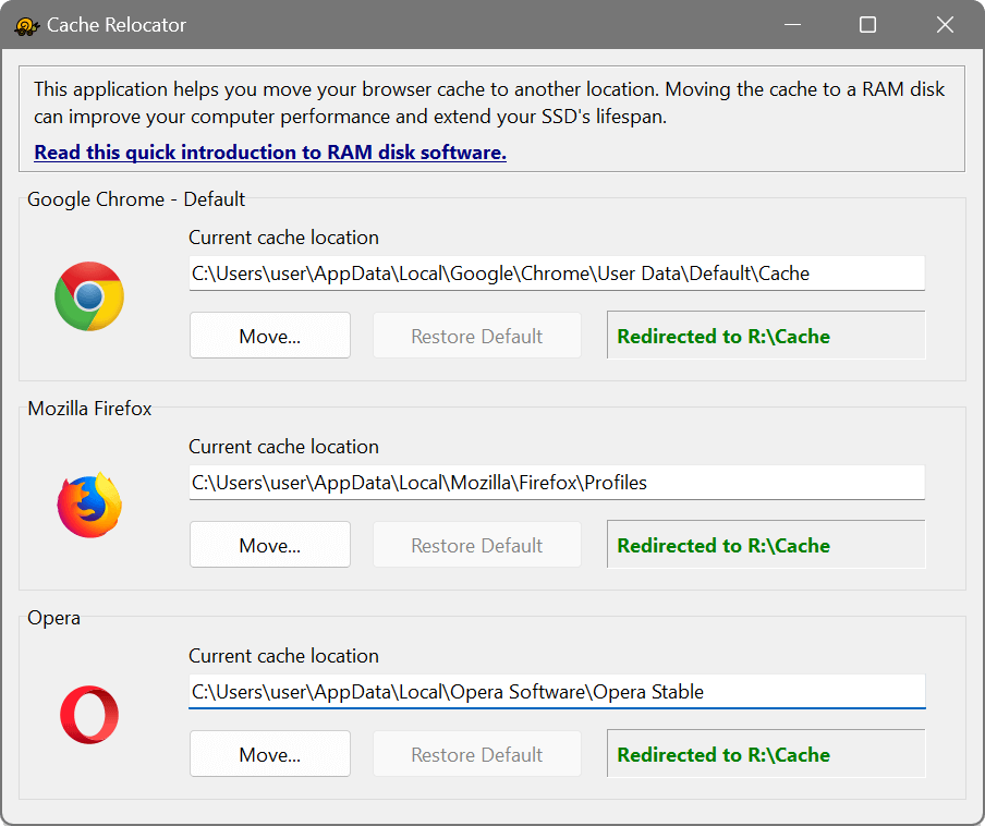 SoftPerfect Cache Relocator, main interface